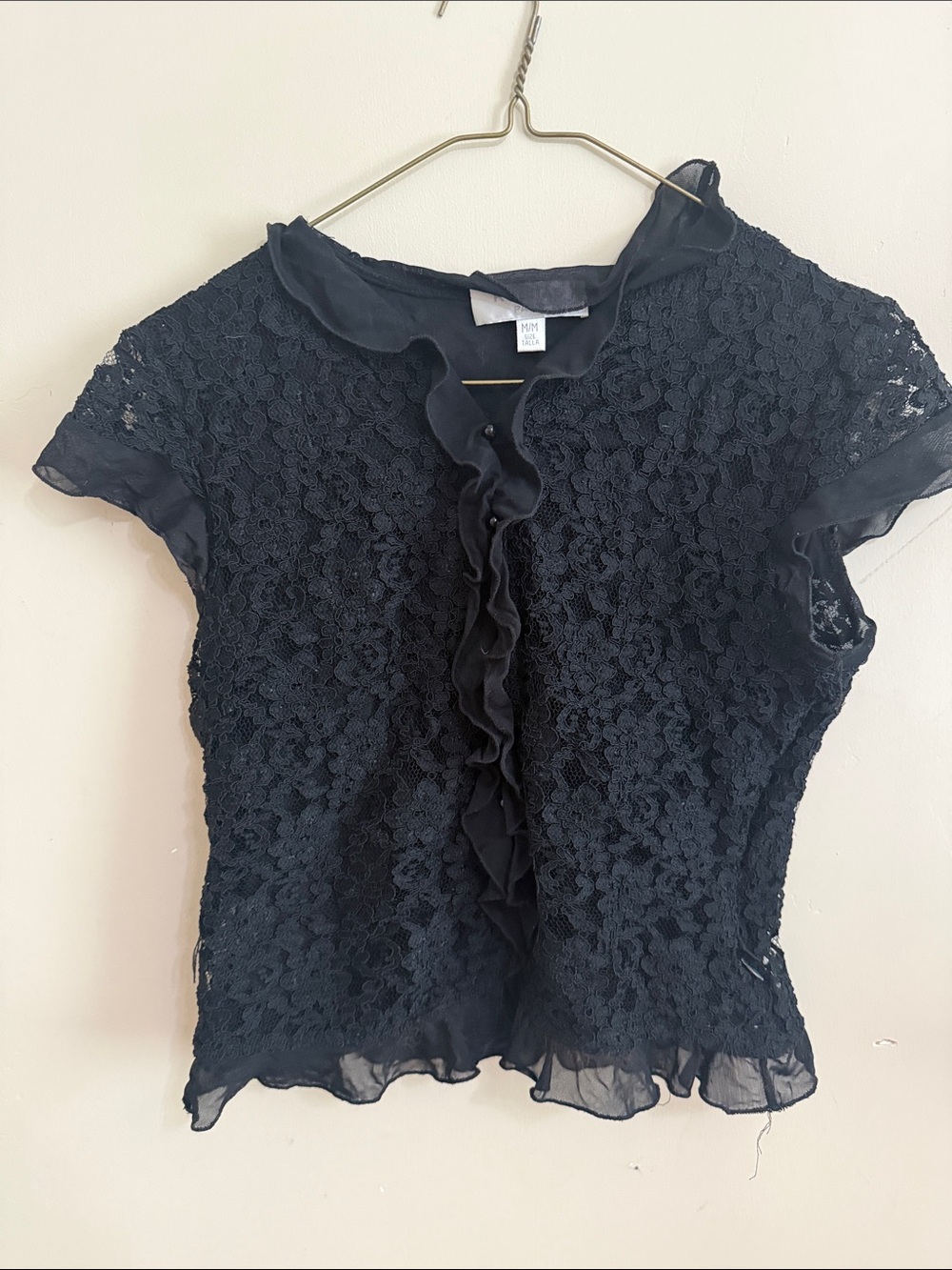 Rochas Paris Black Lace Ruffle Button Front Short Sleeve Blouse Top